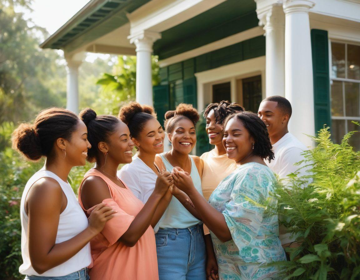 A warm, sunlit scene depicting a diverse group of people from Georgia working together on a community project, surrounded by lush greenery and Southern architecture. Include elements of friendship, teamwork, and love, such as hands clasped, smiling faces, and fresh Southern produce. Vibrant colors and a sense of joy should fill the atmosphere. soft focus. painting. vibrant colors.