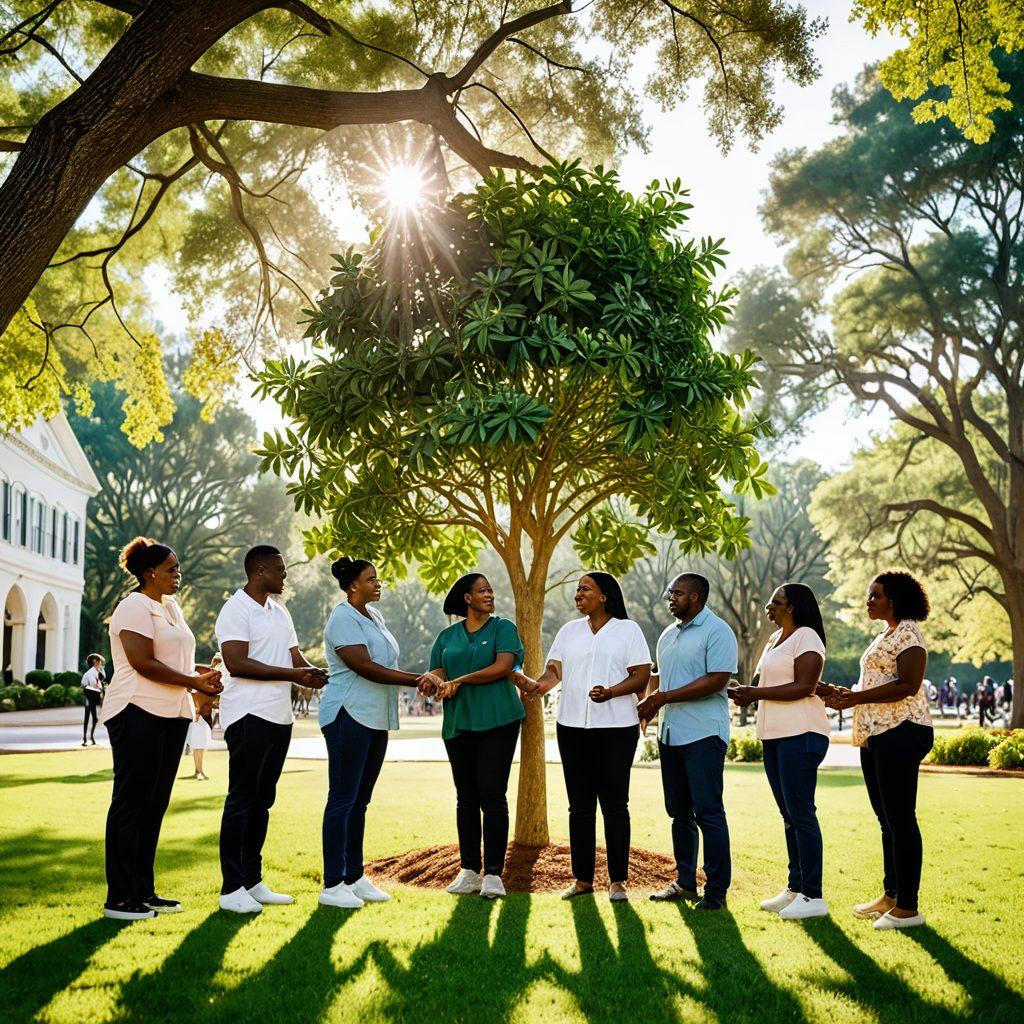 A heartwarming scene showcasing diverse individuals from a Georgia community, standing together in a park, symbolizing unity and resilience. They are smiling, sharing stories, and engaging in activities like planting a tree and holding hands, surrounded by lush greenery and subtle southern architecture in the background. The sunlight filters through the trees, casting warm, golden hues on their faces. super-realistic. vibrant colors.