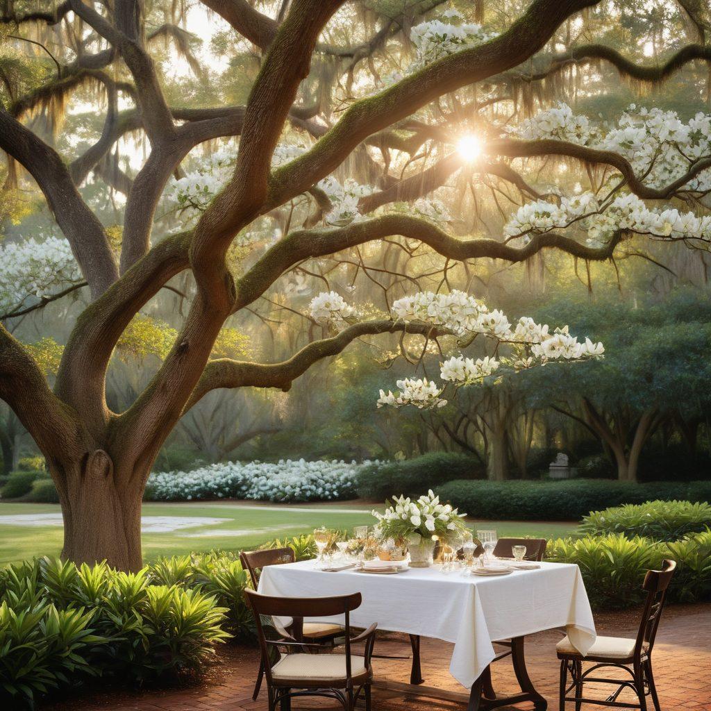 An idyllic Southern landscape featuring a harmonious gathering of diverse people engaged in conversation and collaboration under a magnolia tree, symbolizing warmth and devotion. Highlight local Georgia flora and subtle cultural elements, like sweet tea and classic Southern attire. The scene should evoke a sense of community and connection, with golden hour lighting to enhance the serene atmosphere. painting. vibrant colors. soft focus.